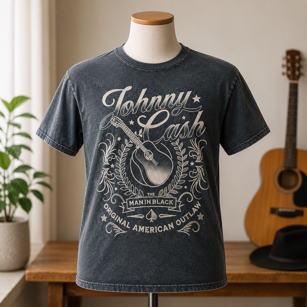Johnny Cash Graphic T Shirt Mens Medium Charcoal Blue Man In Black Acid Wash Tee
